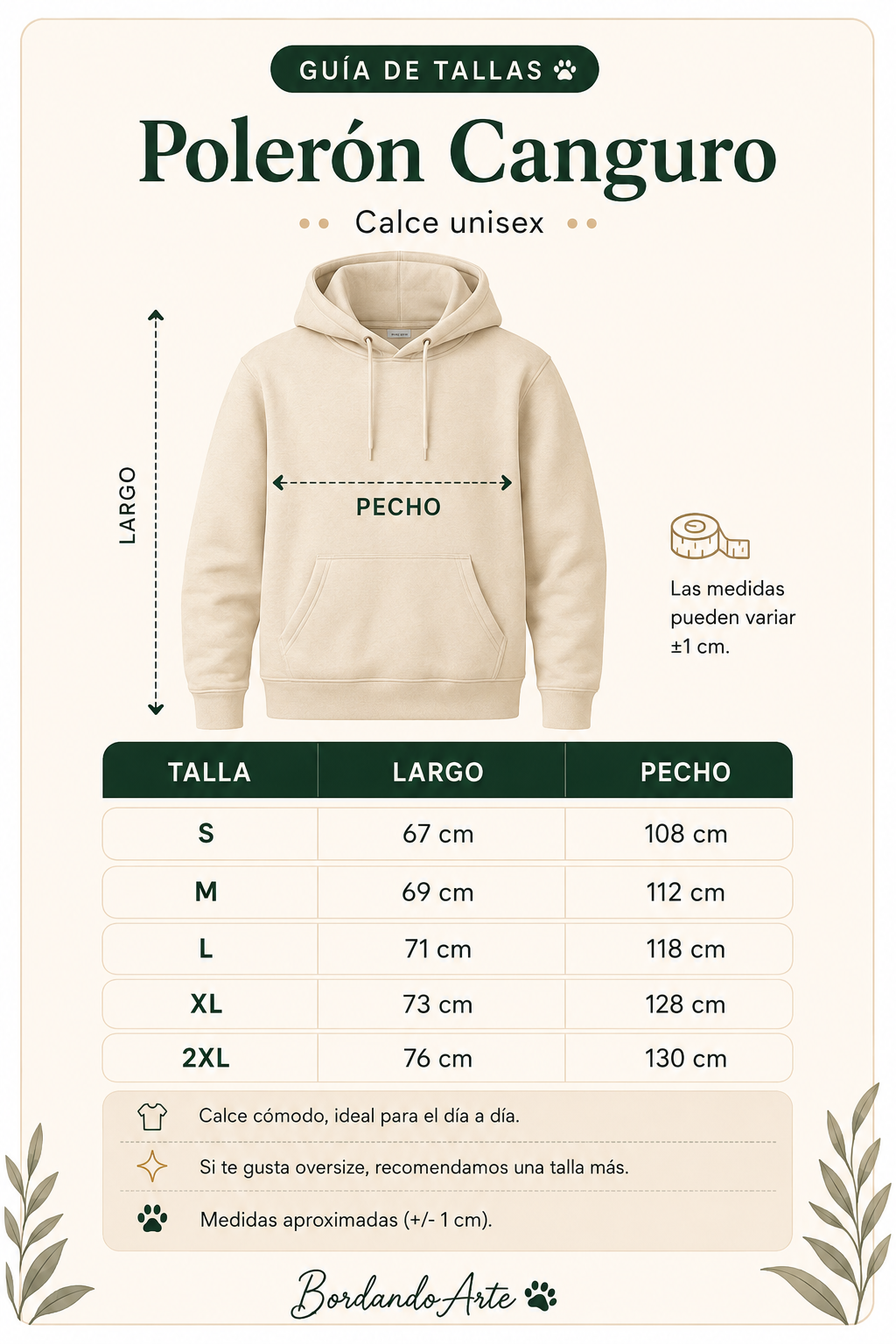 Guía de tallas Poleron canguro personalizado con la cara y nombre de tu mascota 🐾