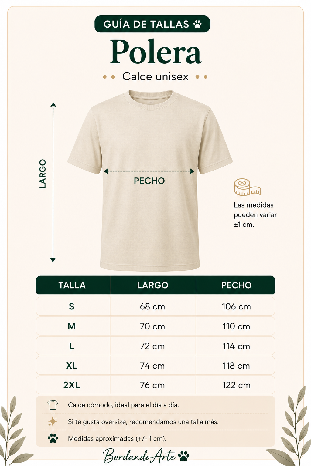 Guía de tallas Polera personalizada con la cara y nombre de tu mascota 🐾